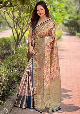 Beige Zari Woven Silk Saree Set