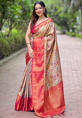 Beige Zari Woven Silk Saree Set