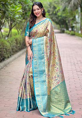 Beige Zari Woven Silk Saree Set