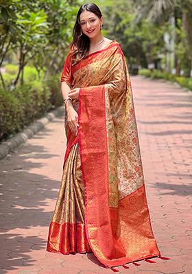 Beige Zari Woven Silk Saree Set