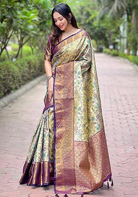 Beige Zari Woven Silk Saree Set