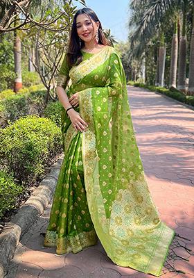 Green Zari Woven Organza Saree Set