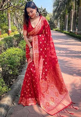 Red Zari Woven Organza Saree Set