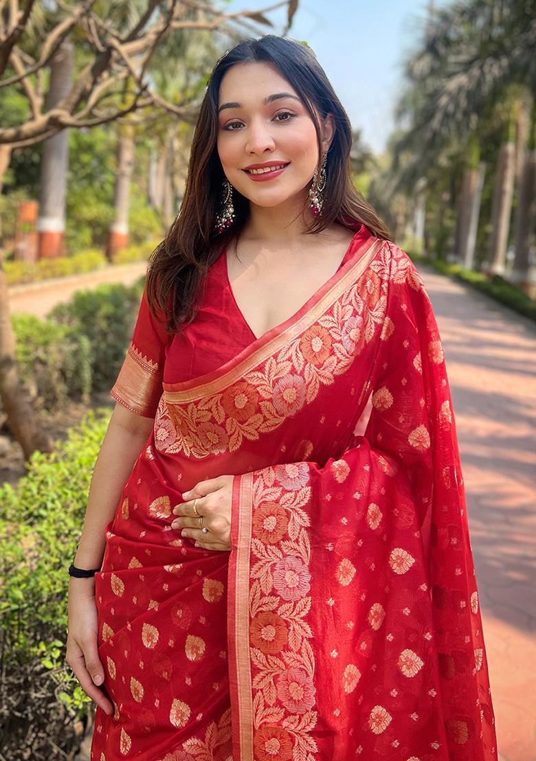 Red Zari Woven Organza Saree Set