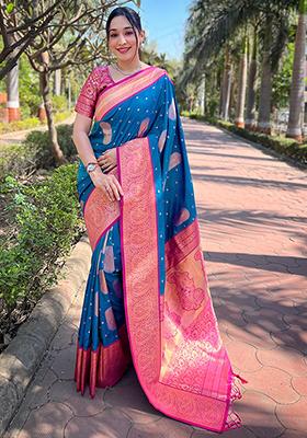 Blue Zari Woven Silk Saree Set