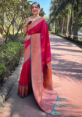 Pink Zari Woven Silk Saree Set