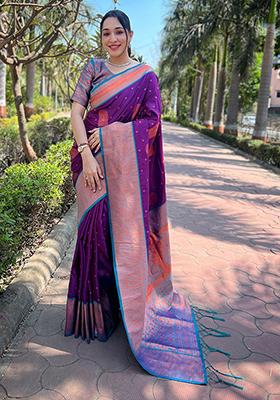 Purple Zari Woven Silk Saree Set