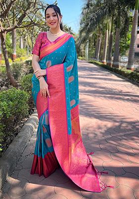 Turquoise Zari Woven Silk Saree Set