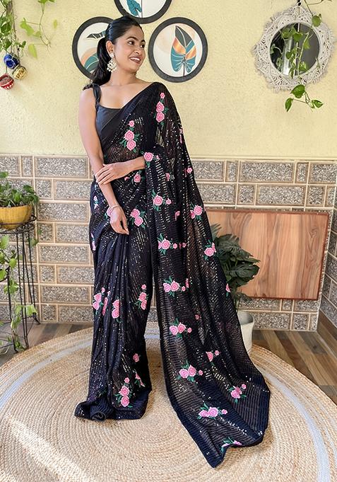 Black Sequin Embroidered Georgette Saree Set