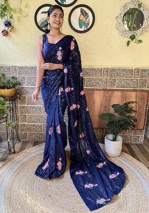 Navy Blue Sequin Embroidered Georgette Saree Set