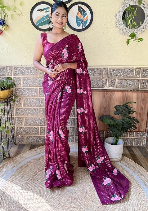 Wine Sequin Embroidered Georgette Saree Set