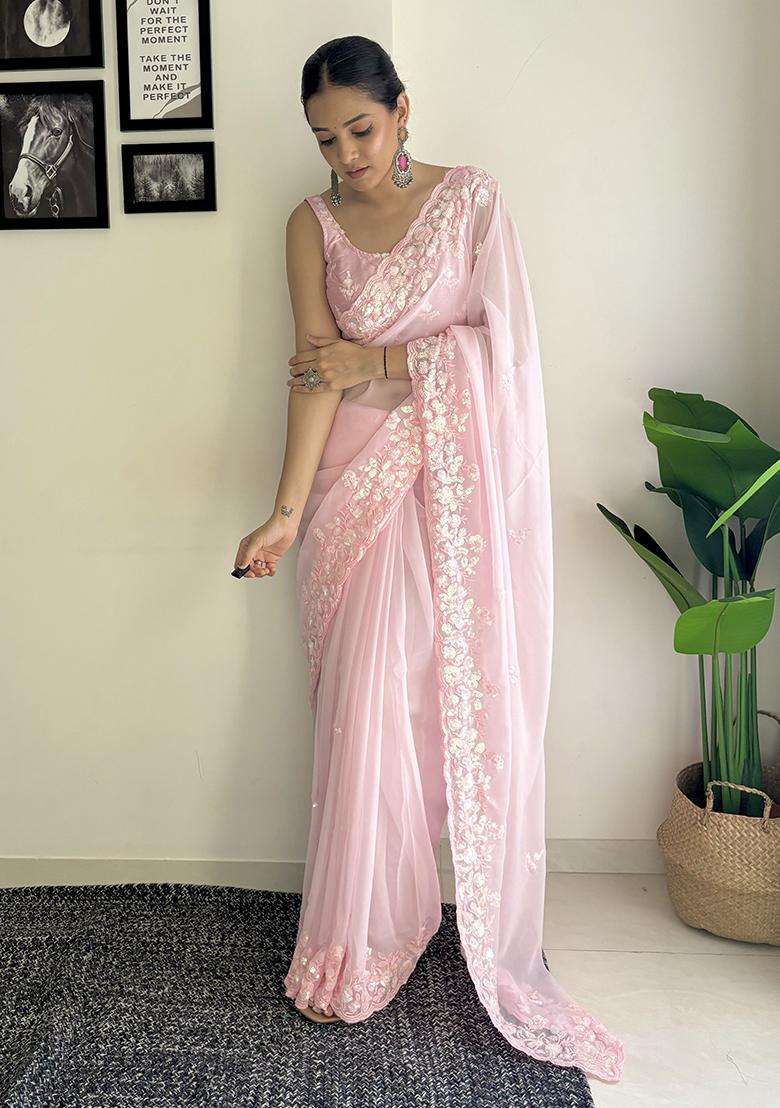 Pink Sequin Embroidered Georgette Saree Set