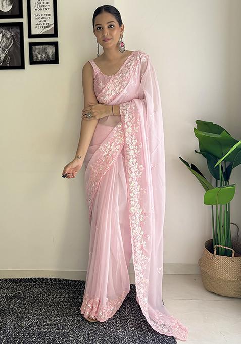 Pink Sequin Embroidered Georgette Saree Set