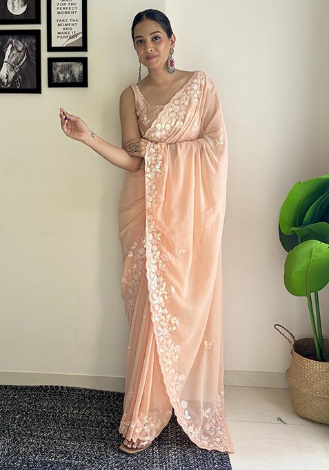 Peach Sequin Embroidered Georgette Saree Set