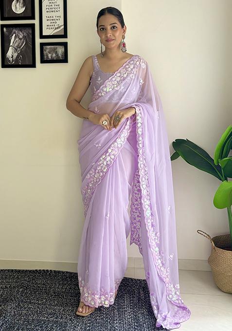 Purple Sequin Embroidered Georgette Saree Set