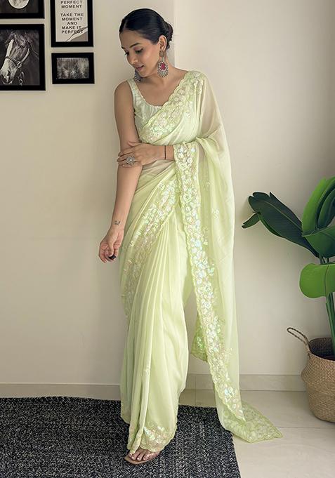 Green Sequin Embroidered Georgette Saree Set