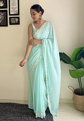 Sky Blue Sequin Embroidered Georgette Saree Set