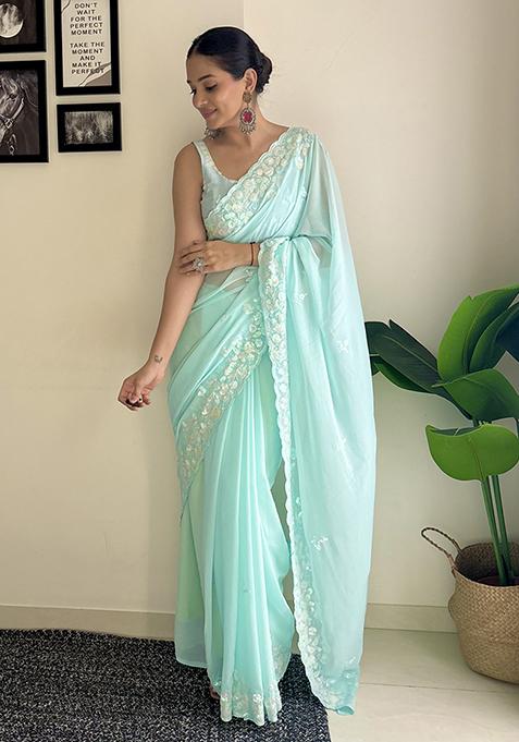 Sky Blue Sequin Embroidered Georgette Saree Set