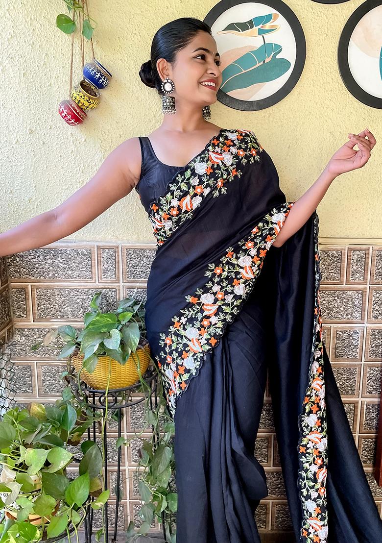 Black Sequin Embroidered Art Silk Saree Set - Indya