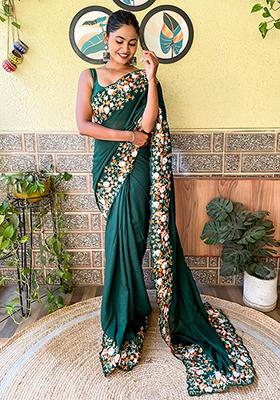 Green Sequin Embroidered Art Silk Saree Set