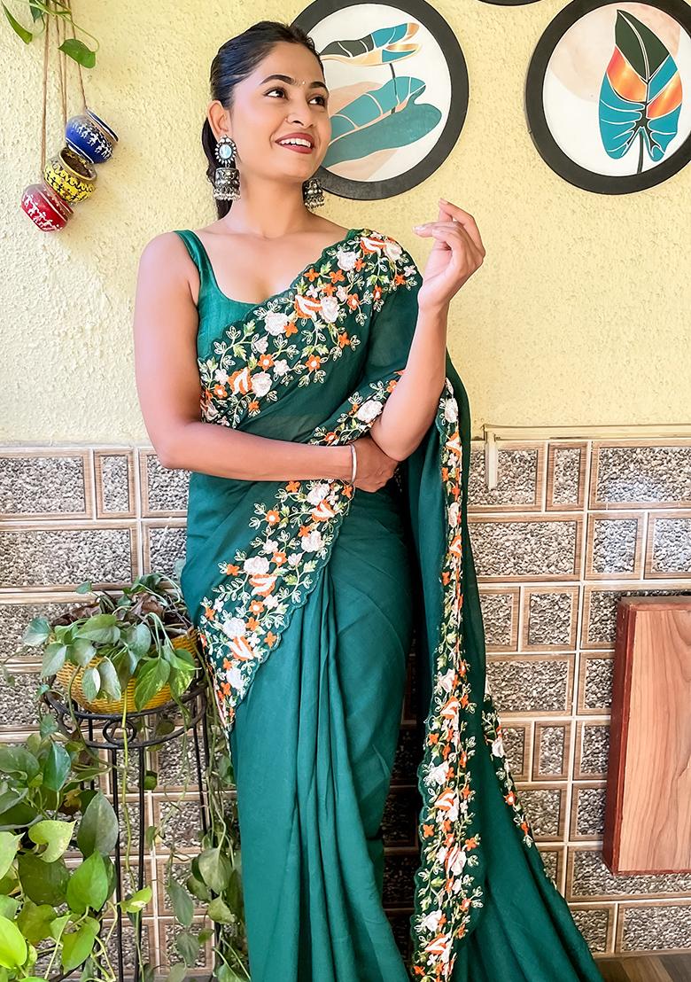 Green Sequin Embroidered Art Silk Saree Set - Indya