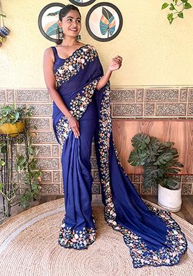 Navy Blue Sequin Embroidered Art Silk Saree Set