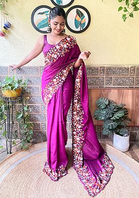 Wine Sequin Embroidered Art Silk Saree Set