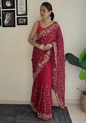 Maroon Sequin Embroidered Georgette Saree Set