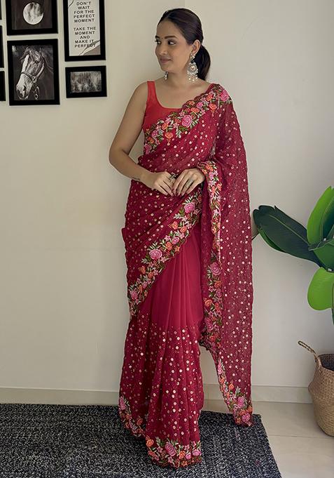 Maroon Sequin Embroidered Georgette Saree Set