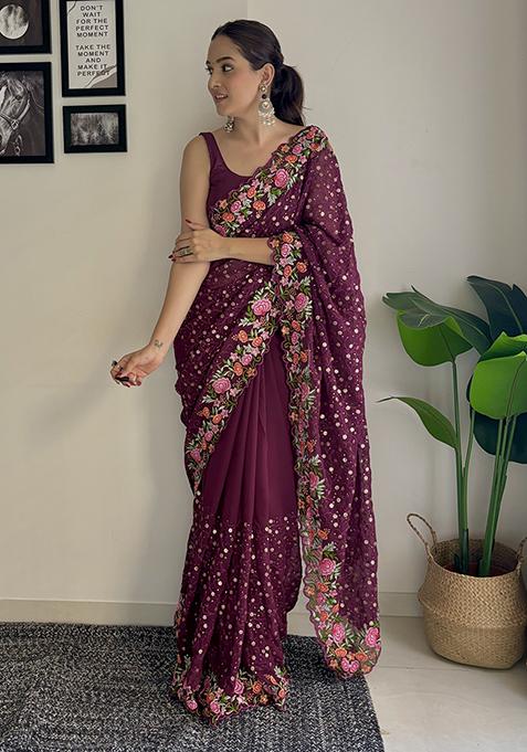 Wine Sequin Embroidered Georgette Saree Set