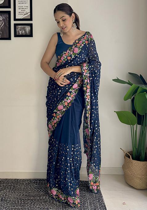 Teal Sequin Embroidered Georgette Saree Set