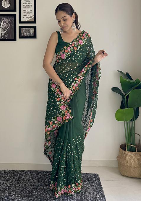 Green Sequin Embroidered Georgette Saree Set