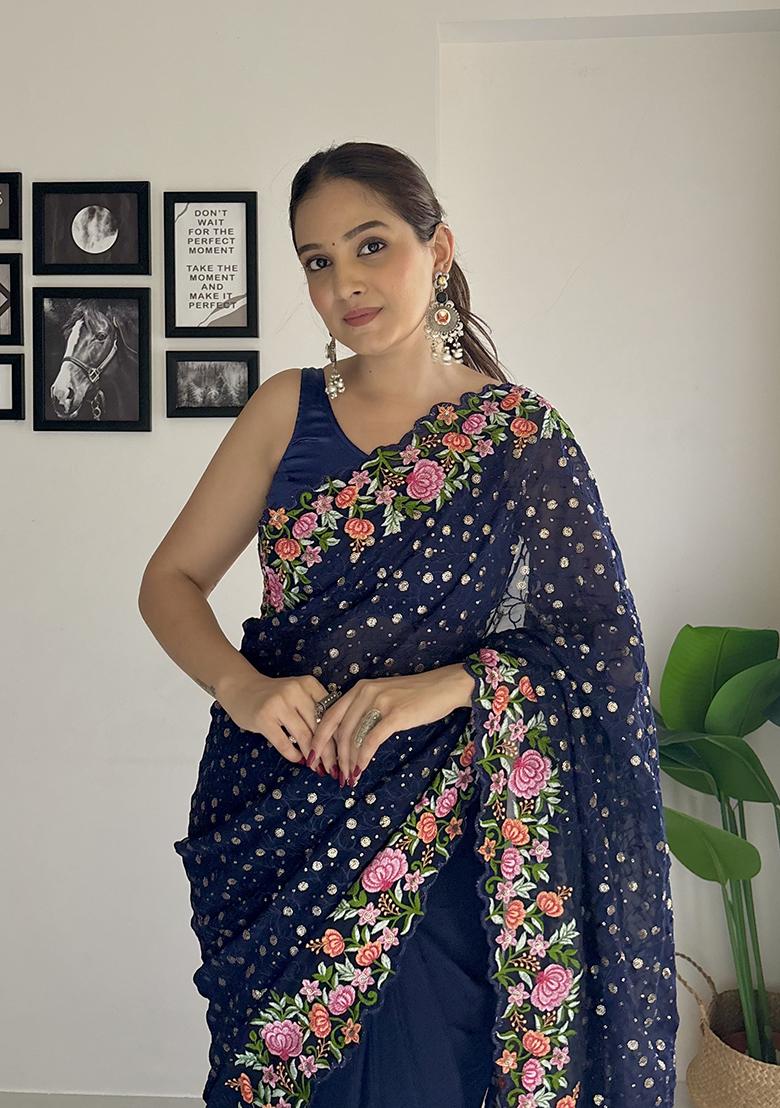 Navy Blue Sequin Embroidered Georgette Saree Set - Indya
