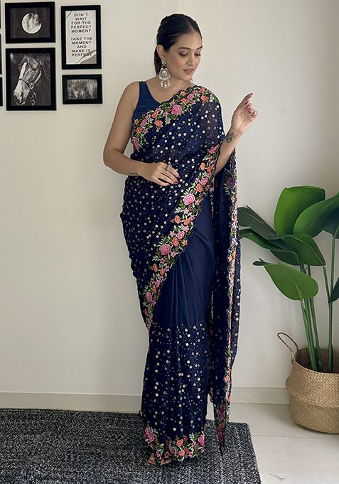 Navy Blue Sequin Embroidered Georgette Saree Set