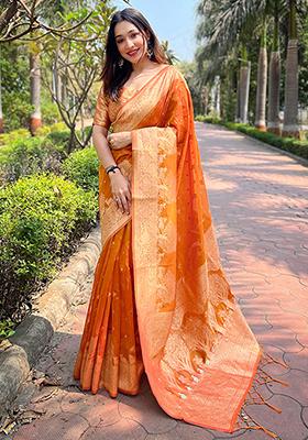 Orange Zari Woven Organza Saree Set