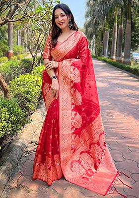 Red Zari Woven Organza Saree Set