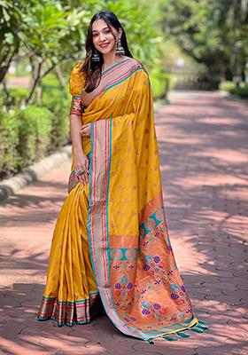 Mustard Zari Woven Silk Saree Set