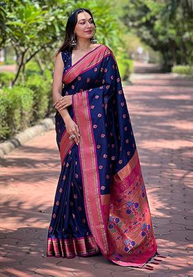 Navy Blue Zari Woven Silk Saree Set