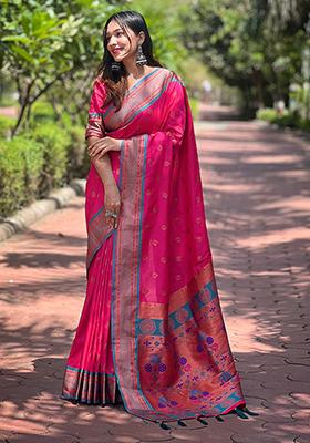 Pink Zari Woven Silk Saree Set