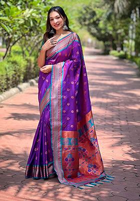 Violet Zari Woven Silk Saree Set