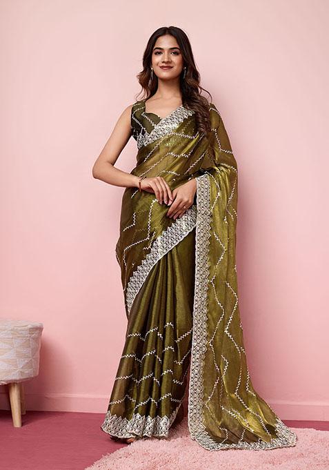 Green Sequin Embroidered Art Silk Saree Set