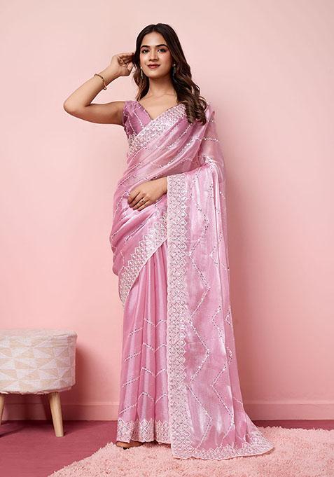 Pink Sequin Embroidered Art Silk Saree Set