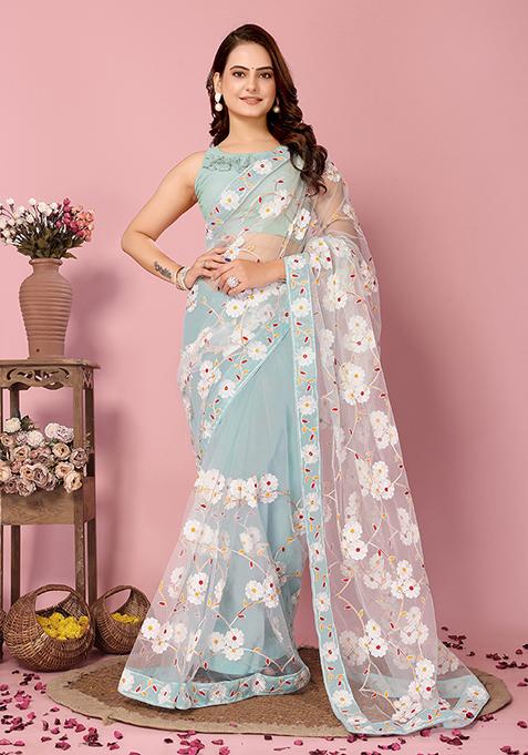 Sky Blue Resham Embroidered Net Saree Set