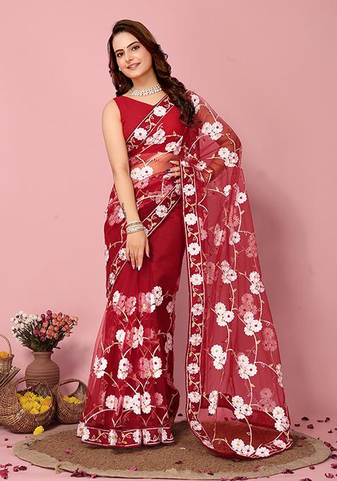 Maroon Resham Embroidered Net Saree Set