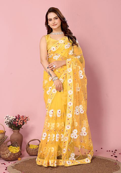 Yellow Resham Embroidered Net Saree Set