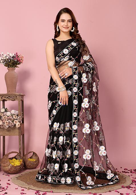 Black Resham Embroidered Net Saree Set