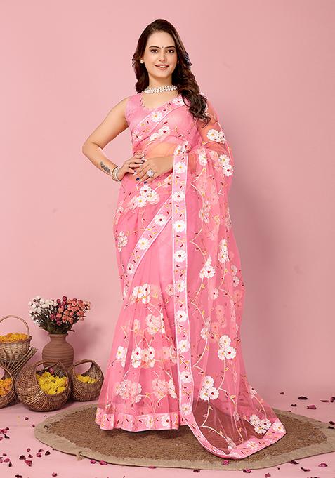 Pink Resham Embroidered Net Saree Set