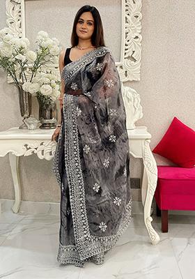 Black Resham Embroidered Art Silk Saree Set