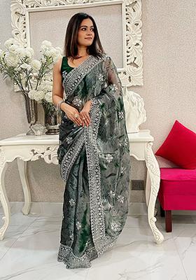 Green Resham Embroidered Art Silk Saree Set