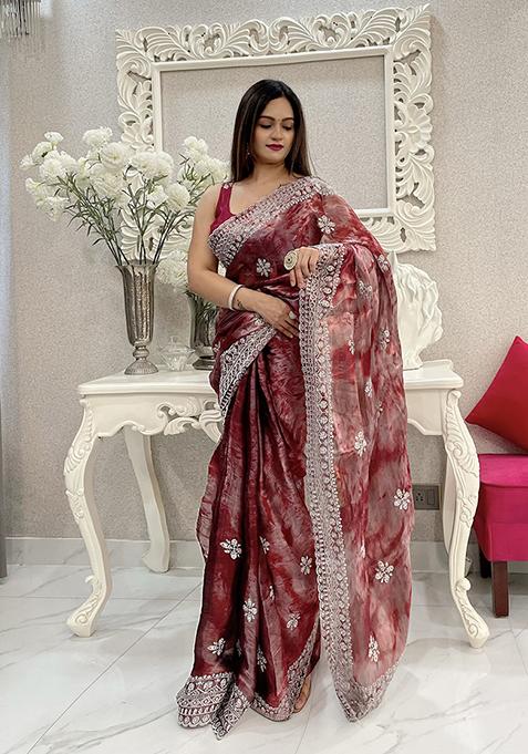 Wine Resham Embroidered Art Silk Saree Set